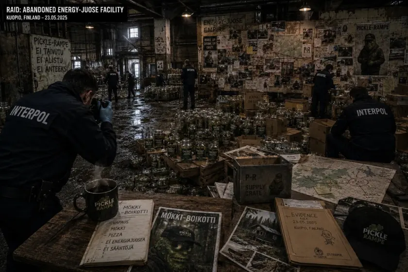 Interpol officers photographing crates of jars and walls of clippings in a derelict factory