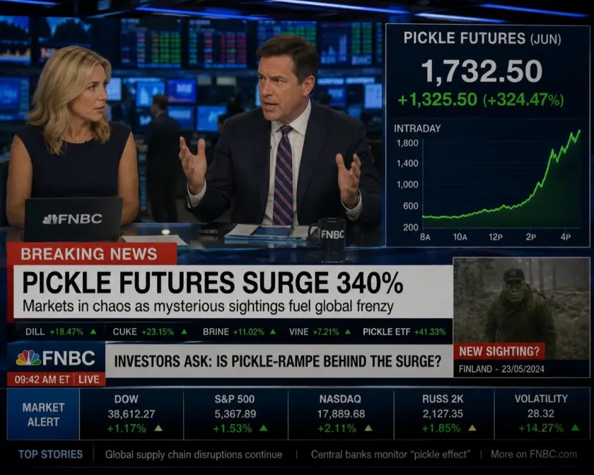 A financial news broadcast with a pickle futures chart shooting upward