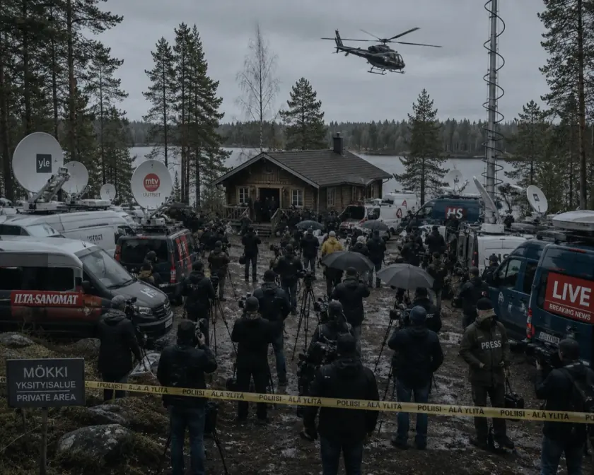 Satellite trucks, reporters and police tape around a lakeside cabin while a helicopter circles
