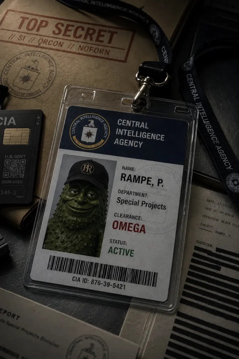 A CIA identification badge with a photo of PR in his cap