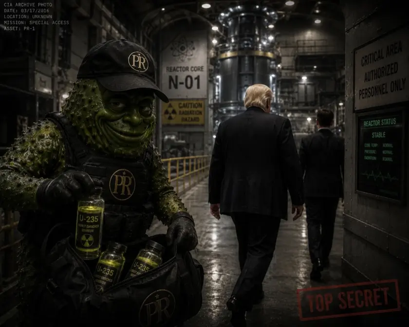 PR in a reactor corridor lifting a glowing vial out of a bag as two men in suits walk away