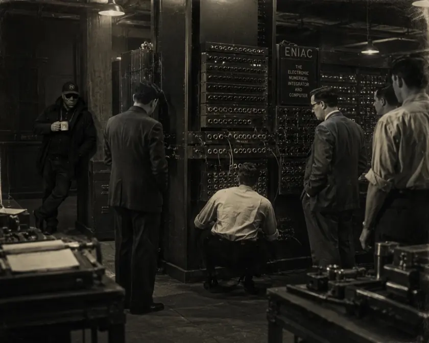 Engineers at the ENIAC computer while a figure in a cap leans on the back wall holding a mug
