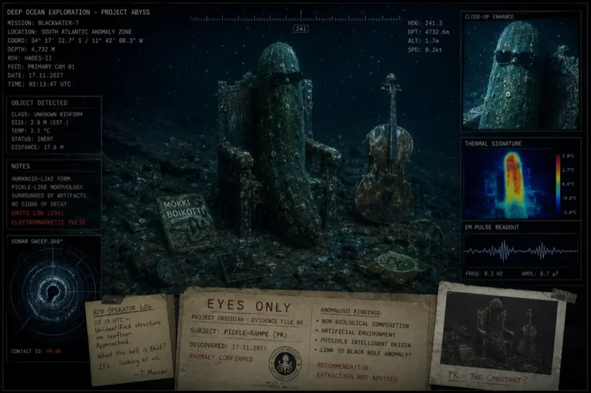 A deep-sea survey screen showing a moss-covered pickle statue on a throne beside a cello