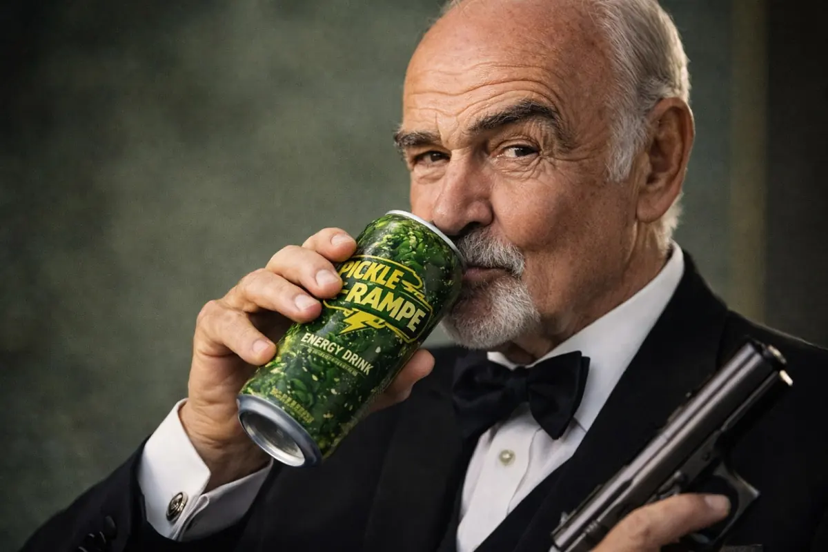A distinguished gentleman in a tuxedo sipping a can of Pickle-Rampe energy drink