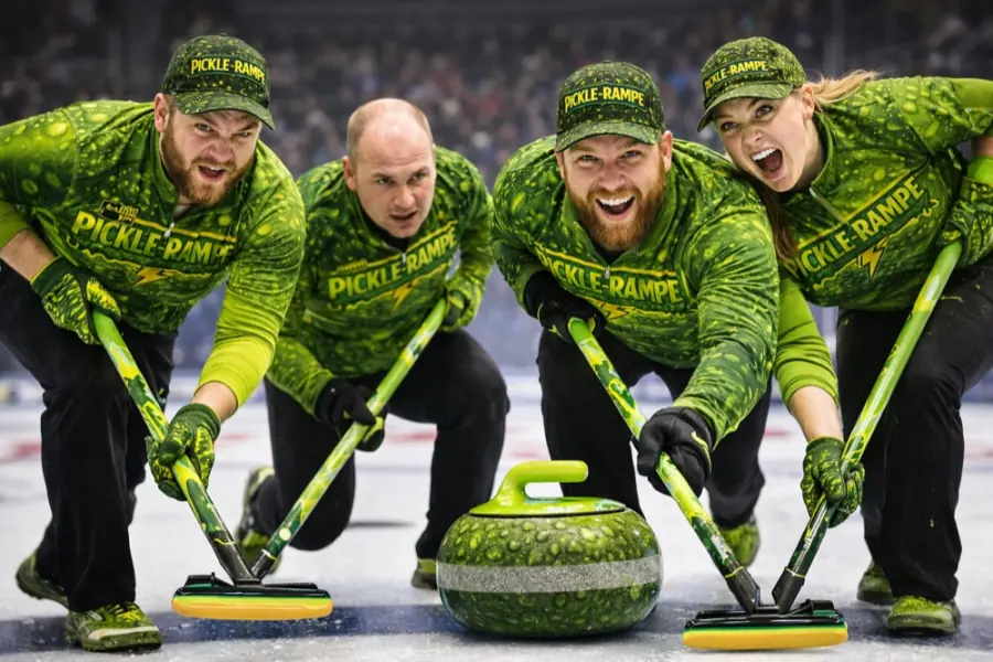 A Pickle-Rampe curling team sweeping a pickle-green stone