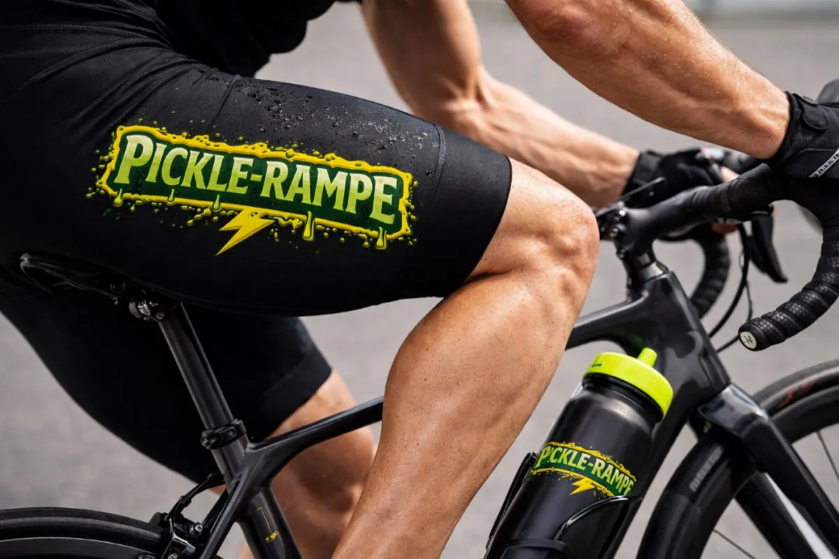 A cyclist in Pickle-Rampe kit with a Pickle-Rampe bottle