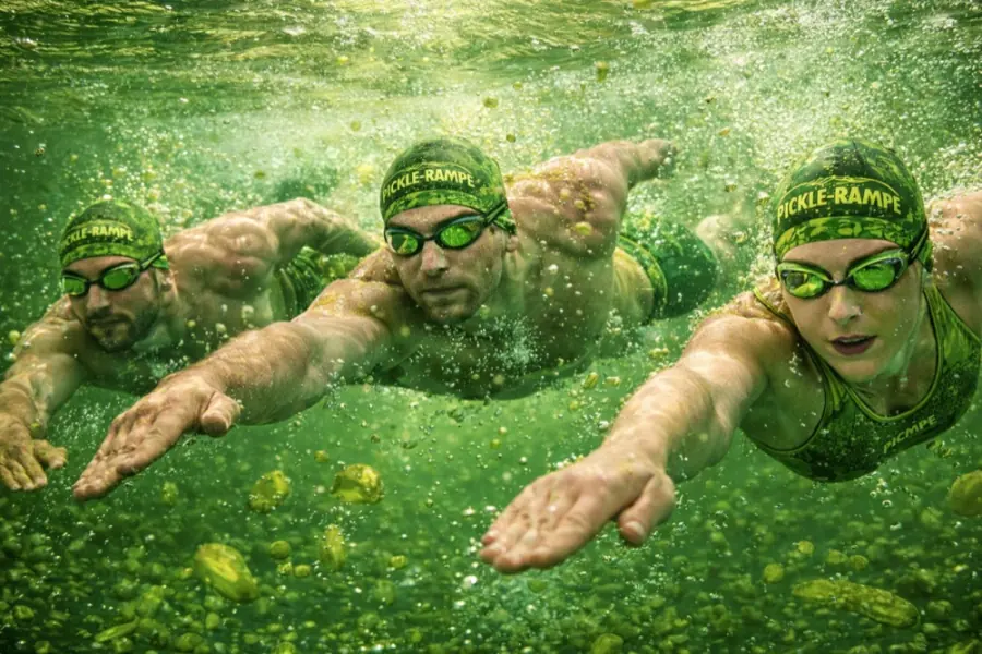 Pickle-Rampe swimmers underwater in green water